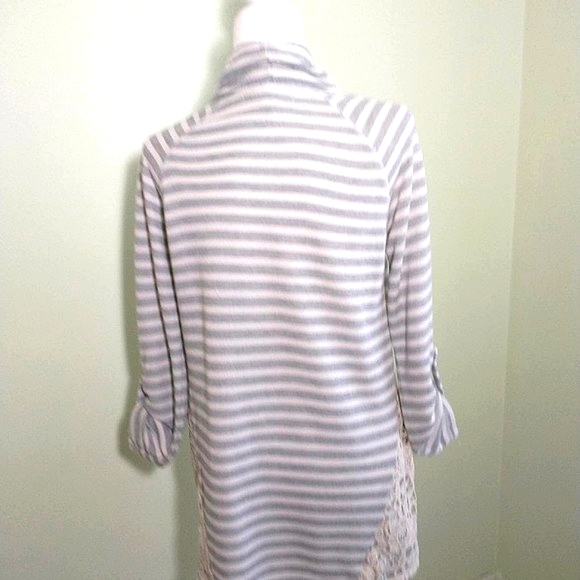 French Laundry Gray White Stripe Terry Longline Drawstring Neck Longsleeve top M - Picture 12 of 16